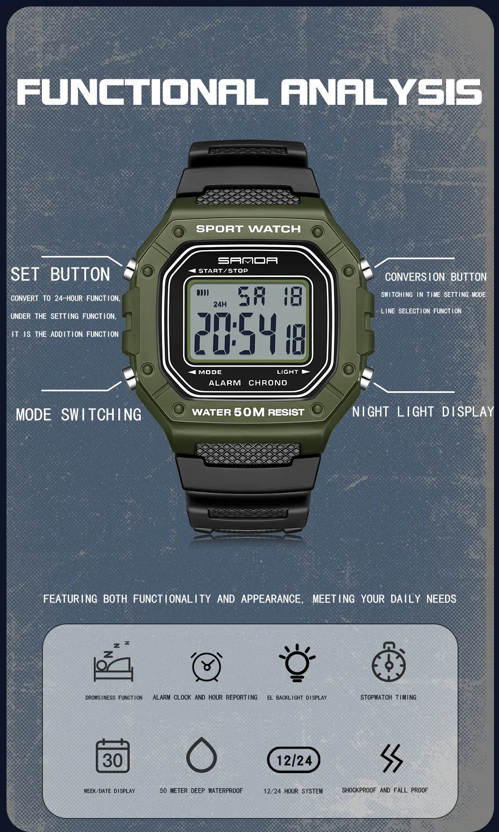 SANDA 2156 relojes de moda para hombre, reloj deportivo resistente al agua para hombre, cronómetro militar estilo S, reloj de pulsera Digital a prueba de golpes