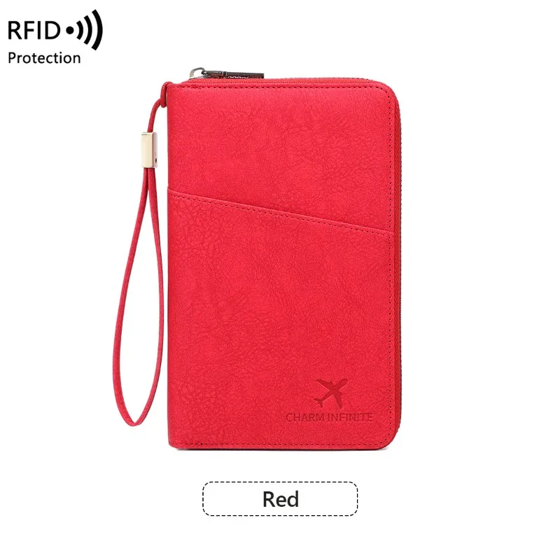 Bolsa para passaporte com bloqueio RFID, porta documentos de viagem e carteira de armazenamento de bilhetes com zíper longo, passaportes múltiplos