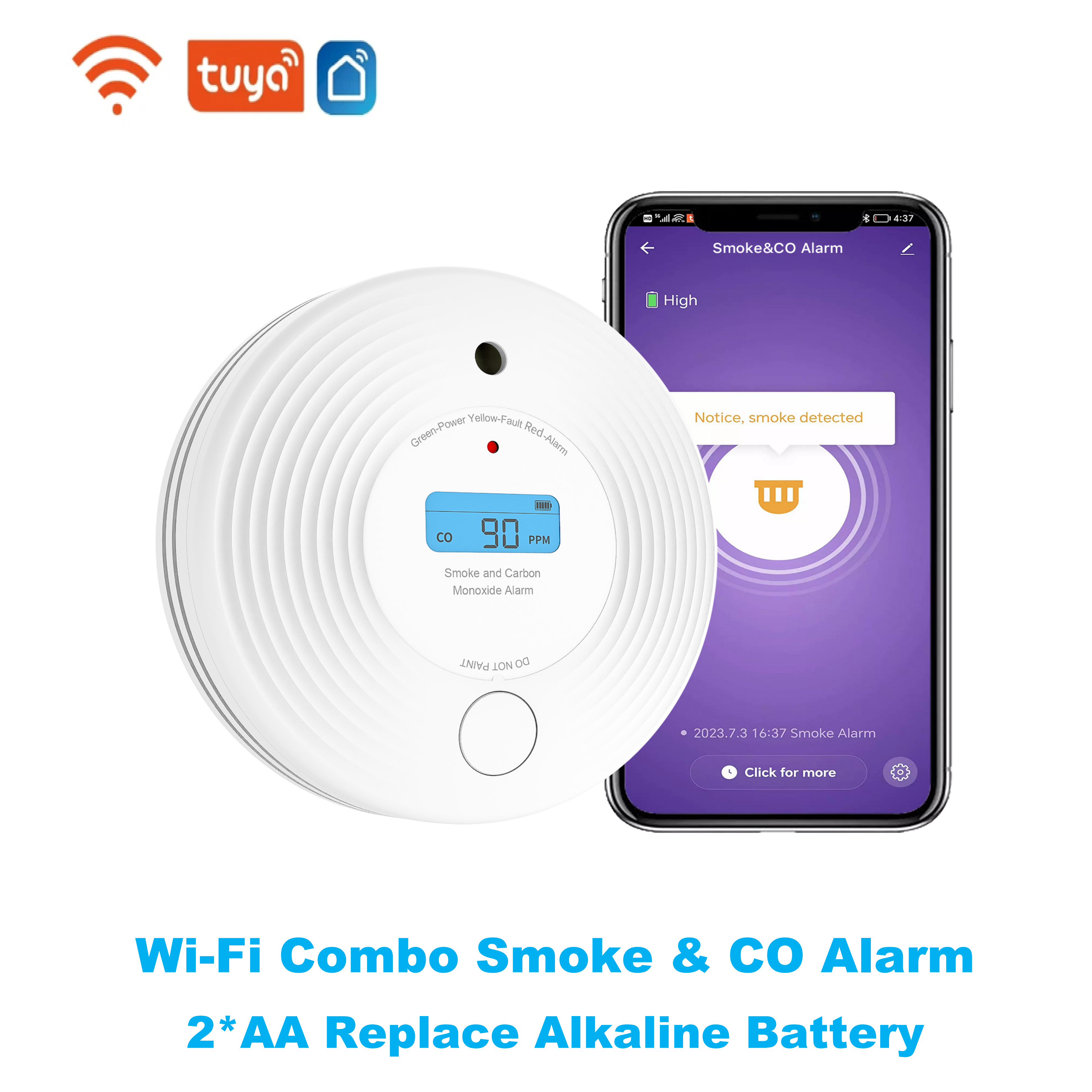 Комбинированный детектор дыма и CO TuyaSmart, двойной датчик 2-в-1, сменная щелочная батарея AA 1,5 В, 2,4 ГГц Wi-Fi, приложение Tuya