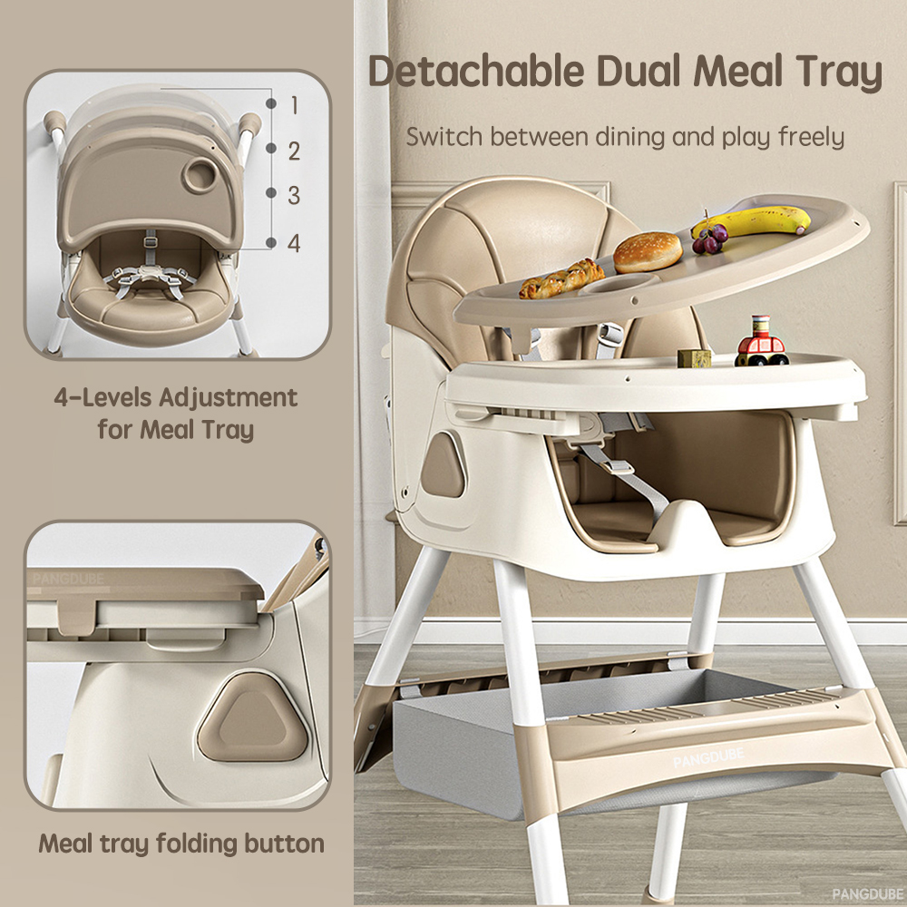 PANGDUBE Assento de bebê com 4 rodas, babador, tigela e colher, cadeira reclinável para comer, cadeira alta para jantar, cadeira de alimentação de bebê