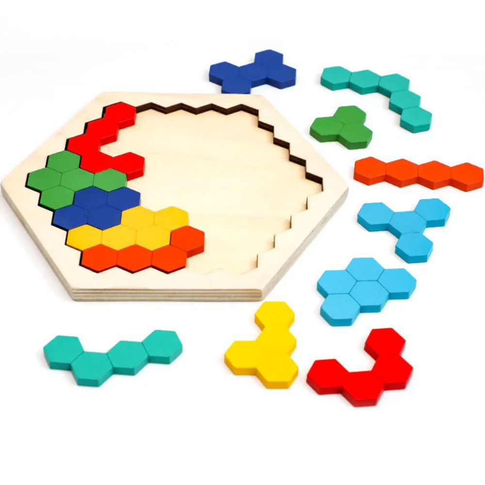 六角形の木製パズル IQ ゲーム知育玩具子供子供大人タングラムボード IQ 頭の体操モンテッソーリおもちゃギフト