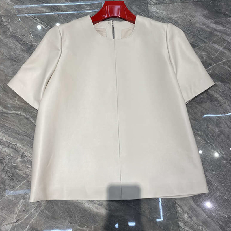 女性用本革トップス,半袖ストレートラウンドネックTシャツ,細いスエードブラウス,春夏シーズン,2023