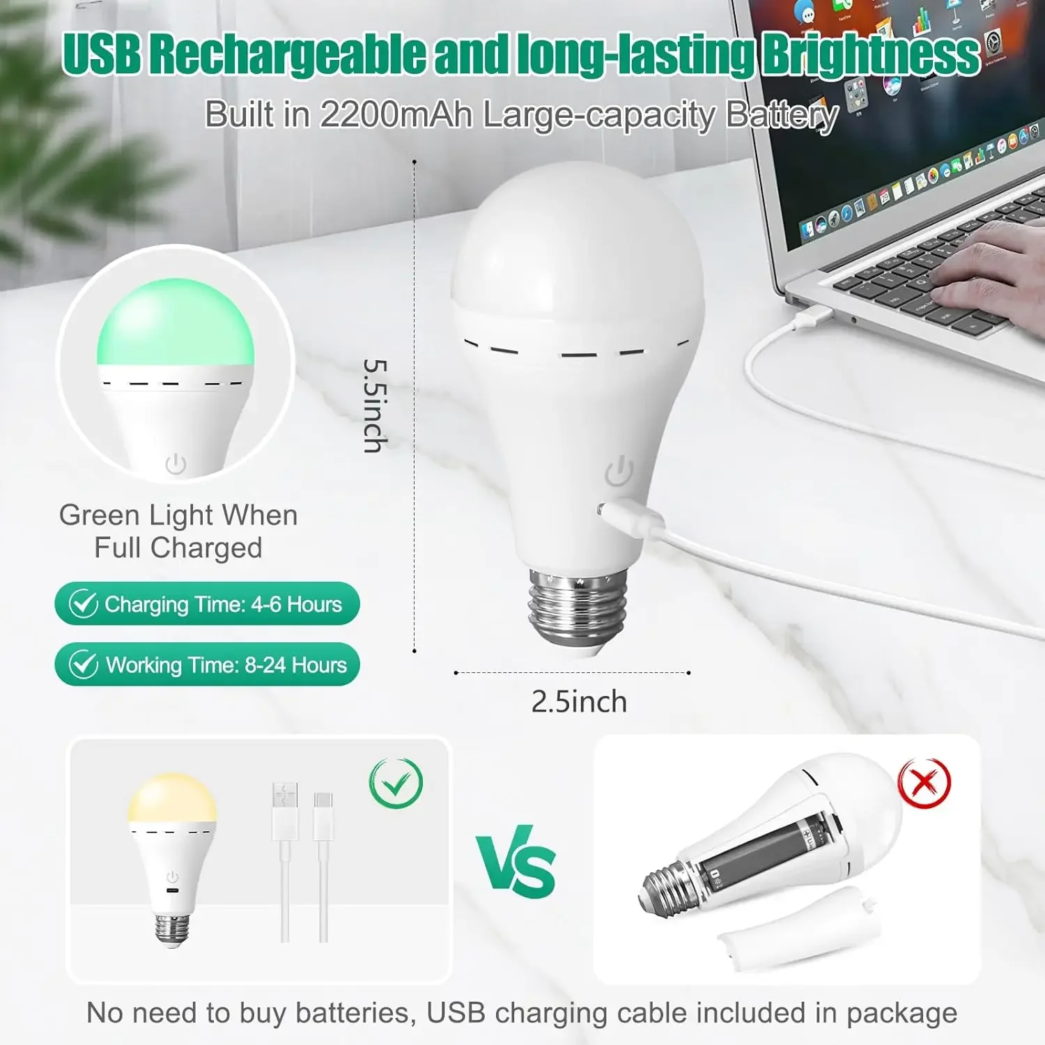 Żarówka LED USB 3/RGB, ładowalna, inteligentna, ściemnialna, E27, z timerem, bezprzewodowa, zasilana bateryjnie.