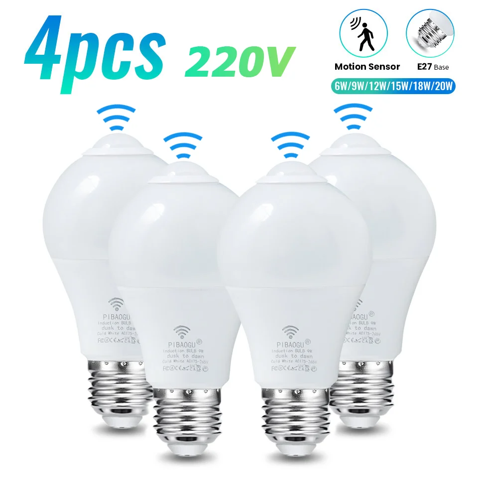 4PCS 20W 18W 15W 12W 9W 6WLampada LED E27 Radar Motion Sensor Light Bulb 189-265V Infrared Detection Smart Lamp Working in Night