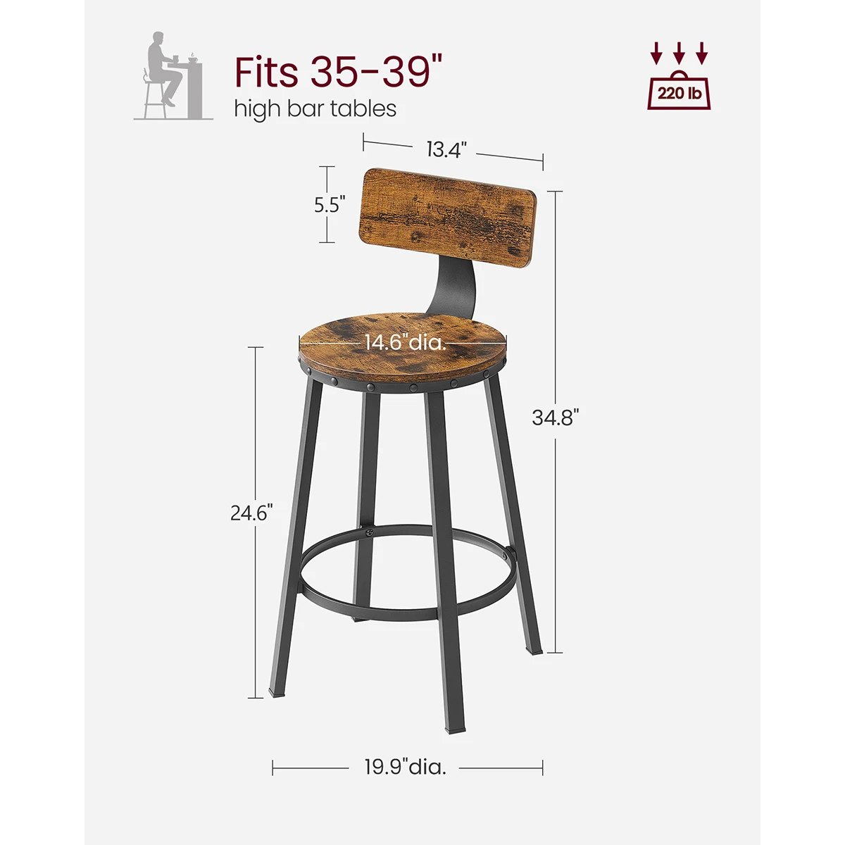 VASAGLE Bar Stools Set of 2, Kitchen Breakfast Bar Chairs, with Backrest, Steel Frame, 62.5 cm Tall Seat, Easy Assembly
