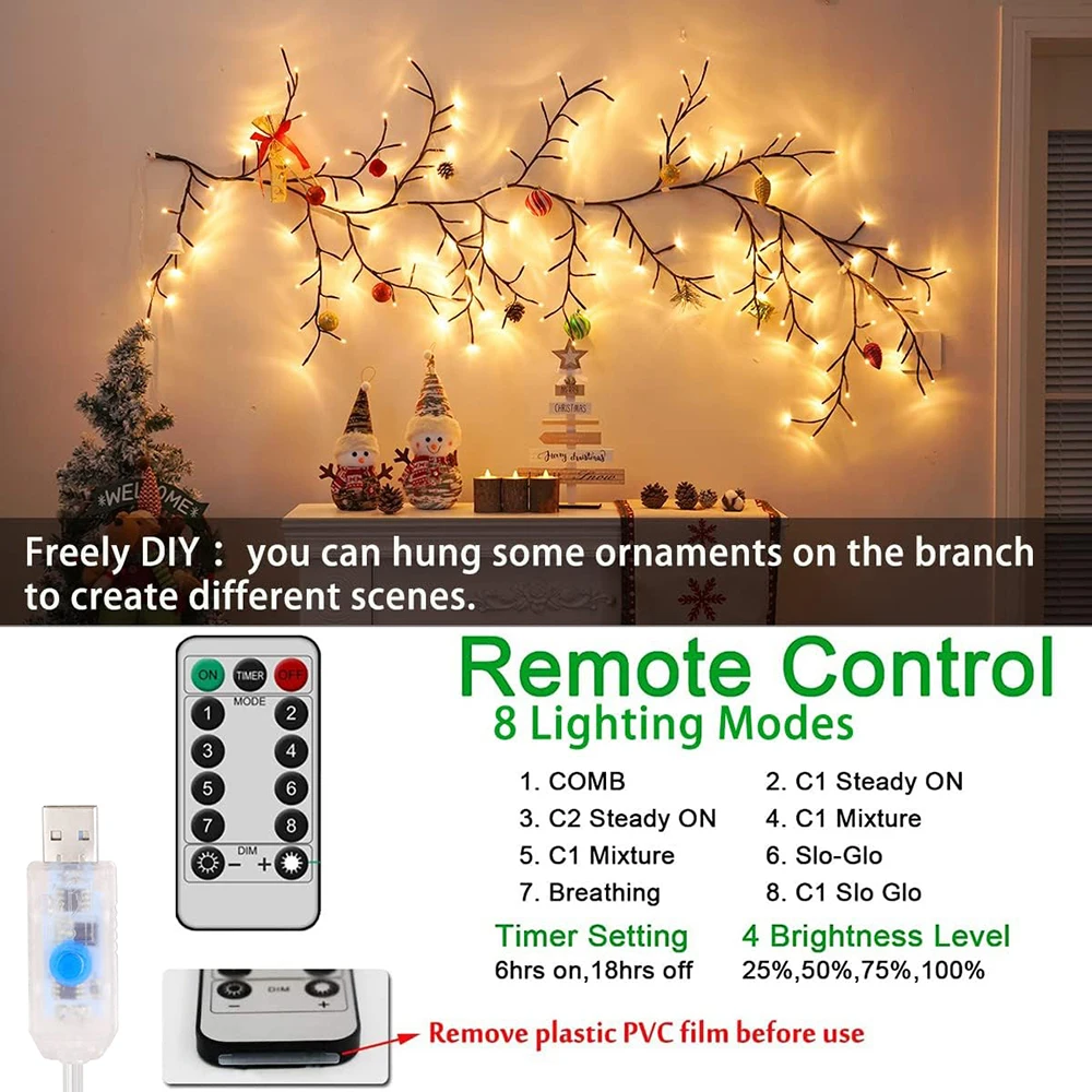 96LED lampa w kształcie gałęzi drzewa dekoracja ścienna do sypialni wierzba winorośli listwa oświetleniowa 8 trybów oświetlenia DIY nastrojowe oświetlenie oświetlenie domu