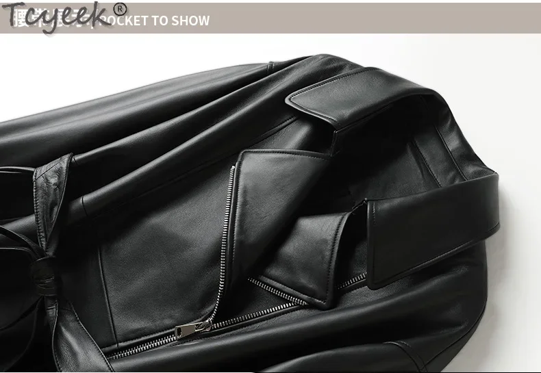 Tcyeek-シープスキンのミドル丈トレンチコート,女性用,本革ジャケット,コート,アウターウェア,新作,秋,2023