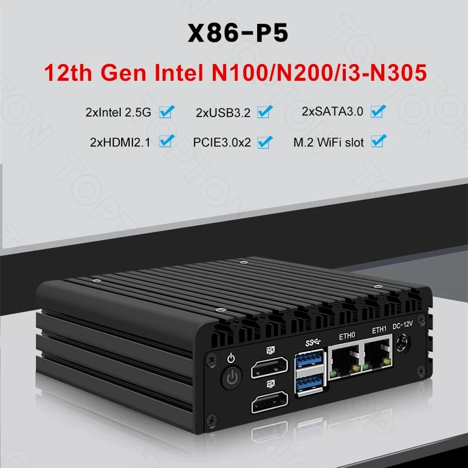 Topton P5 12th Gen Micro Firewall Computer Intel i3 N355 N305 N150 N100 DDR5 2xi226-V 2.5G LAN Fanless Mini PC Proxmox Server