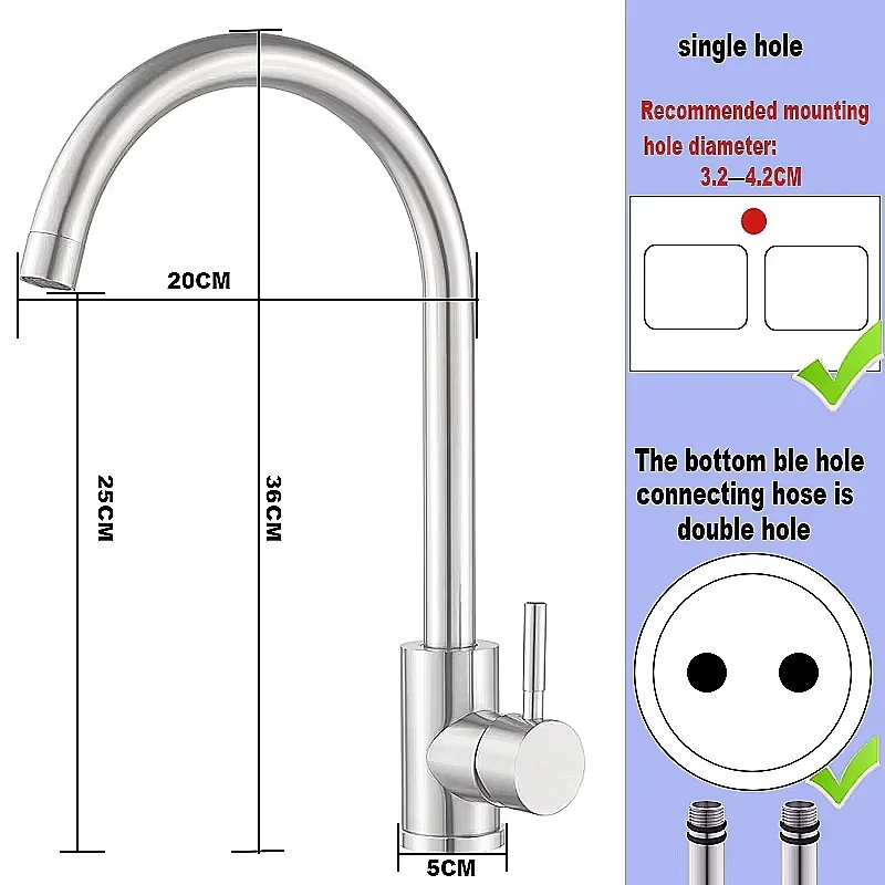 Кухонный смеситель из нержавеющей стали 304, смеситель для горячей и холодной воды, вращение на 360 градусов, установка раковины, поставляется со шлангом 60 см.