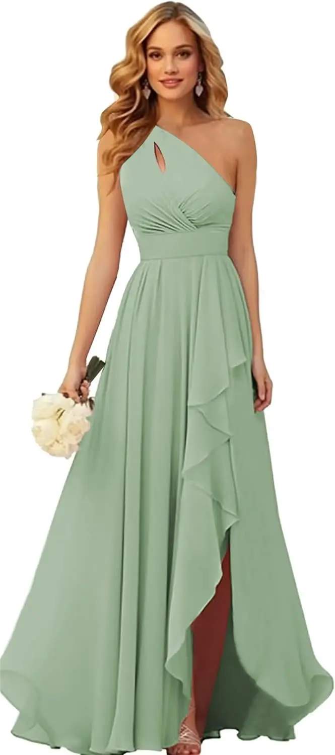 Custom Made Simple One Shoulder Chiffon Bridesmaid Dresses with Slit for Wedding Ruffle Prom Formal Dress Evening Dresses
