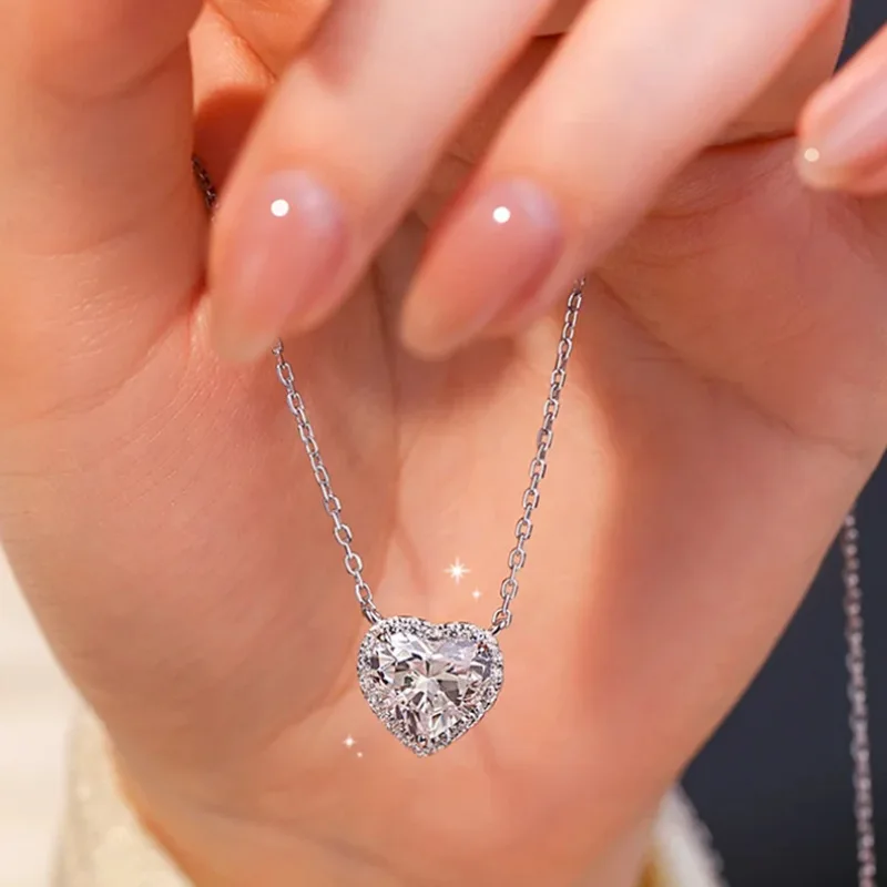 CHENWEN スターリングシルバー プラチナ 1-2CT モアッサナイト ネックレス レディース クラシック ハート ペンダント ウェディング ジュエリー 925 スターリングシルバー GRA