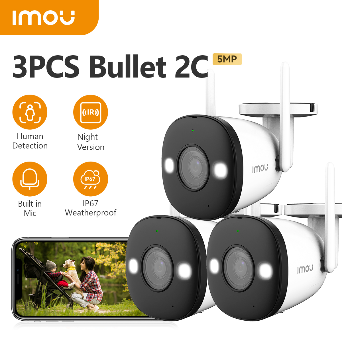 IMOU 3 uds Bullet 2C 5MP Wi-Fi antena Dual visión nocturna exterior IP67 grabación de Audio resistente a la intemperie AI detección humana IPC-F22P