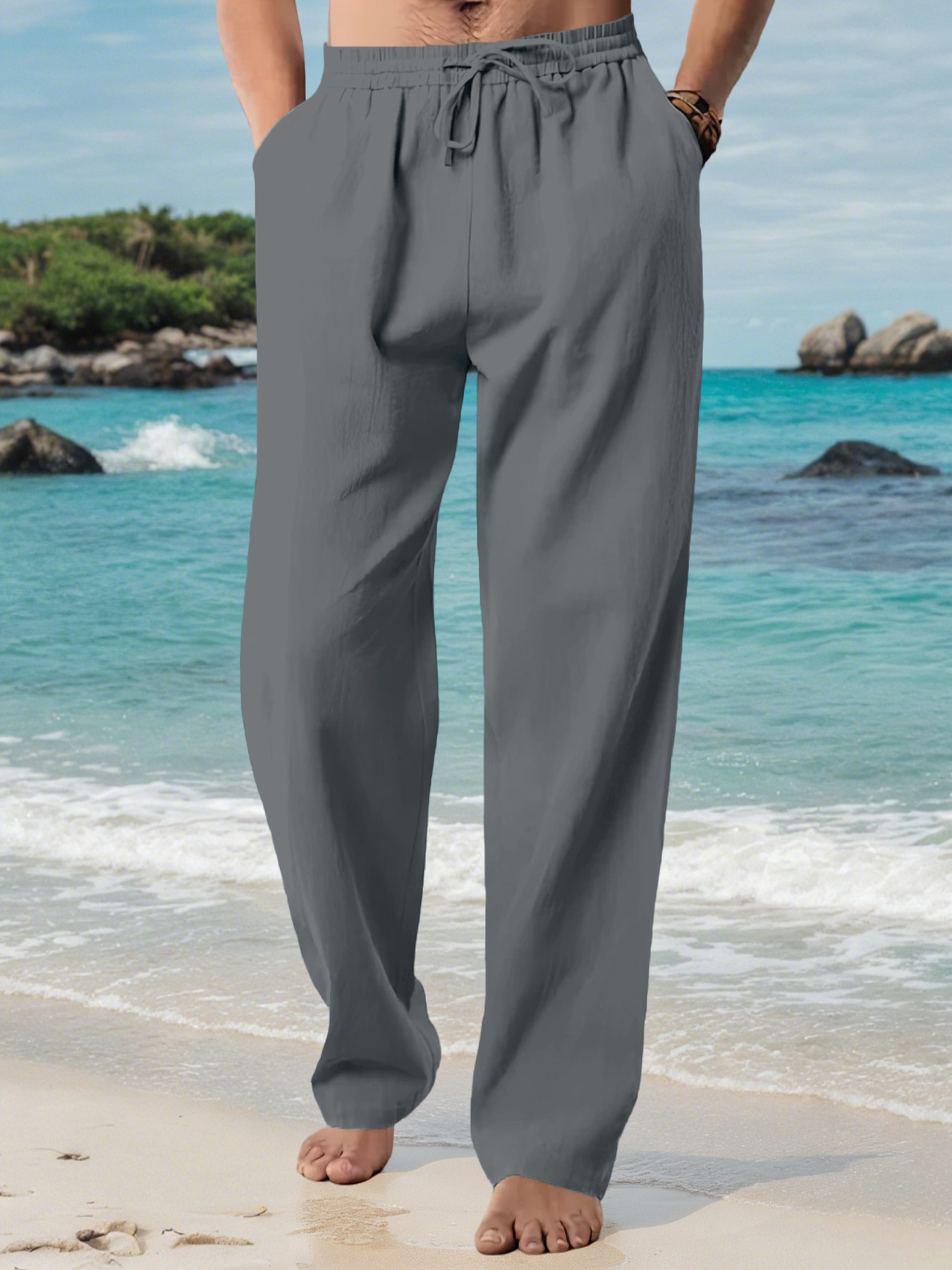 Pantaloni lunghi casual da uomo Pantaloni da spiaggia larghi e traspiranti estivi Pantaloni maschili in vita elastica con coulisse tinta unita