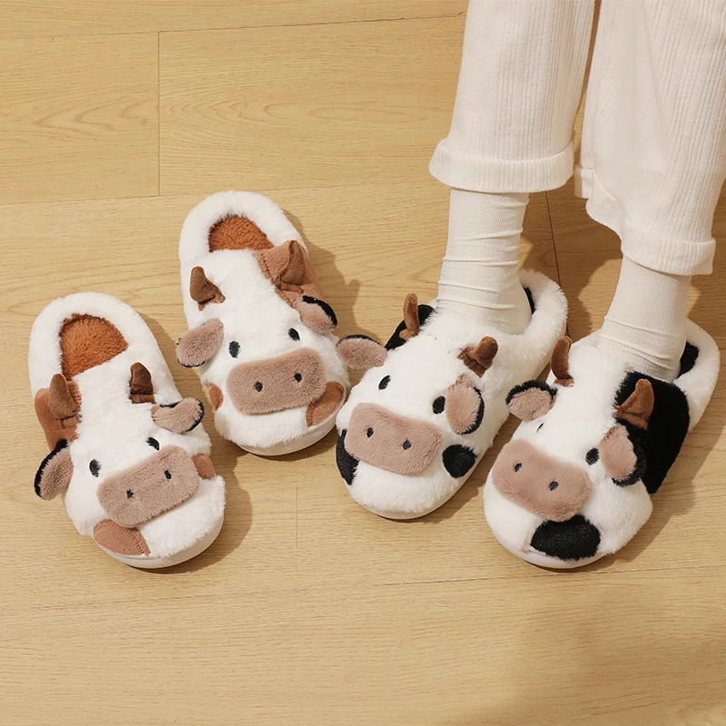 Nouveau hiver unisexe dessin animé vache chaud en peluche pantoufles Couple intérieur antidérapant maison Mule hommes et femmes orteil enveloppement maison coton chaussures