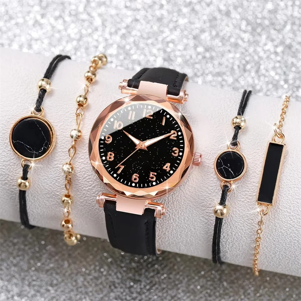 5 pçs conjunto de relógios das mulheres conjunto senhoras moda relógio preto feminino novo simples casual feminino analógico relógio de pulso pulseira presente sem caixa