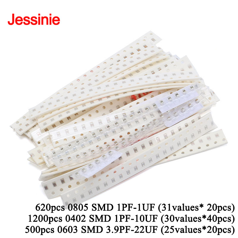 500 UDS-1200 Uds 0805 0603 0402 condensador SMD 1PF -1UF 3.9PF-22UF 1PF-10UF paquete de componentes electrónicos Kit surtido muestras DIY