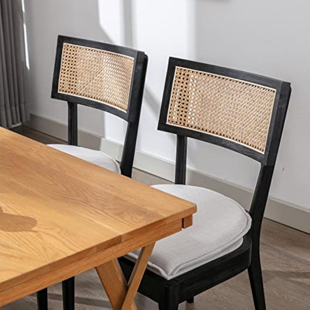 Black Rattan Dining Chairs Set of 4, Farmhouse Cane Back Kitchen Chairs with Removable Linen Upholstery Side Chairs