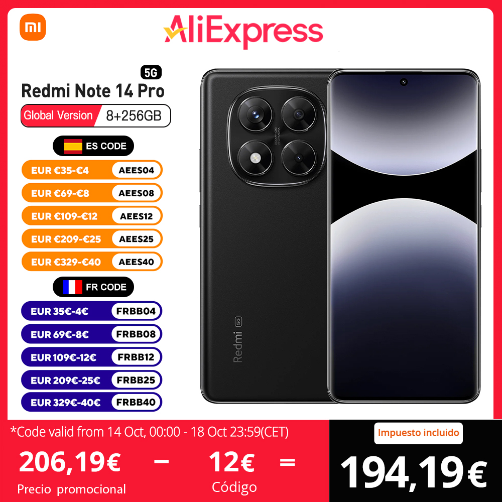 Xiaomi Redmi Note 14 Pro 5G Version Mondiale 256GB/512GB  MTK Dimensity 7300-Ultra Écran AMOLED 6,67", 120Hz, Caméra principale 200MP OIS, IP68, NFC, Pas de Chargeur