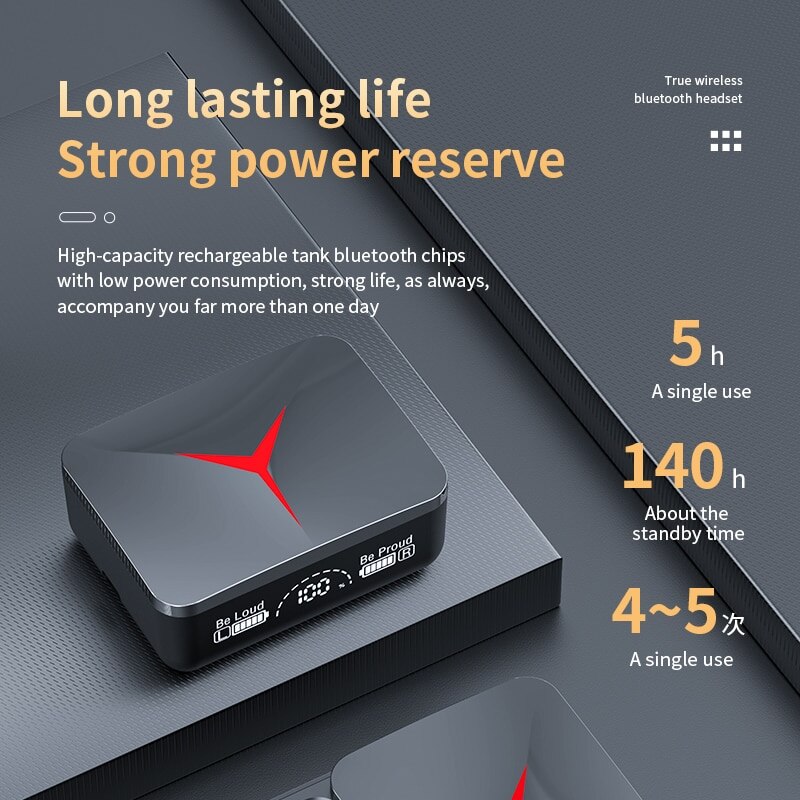 M90 Bluetooth Earphones Slide Cover Charging Case Led Gaming Lights 3D Sound Long Battery Life Game Mode Instant Connection