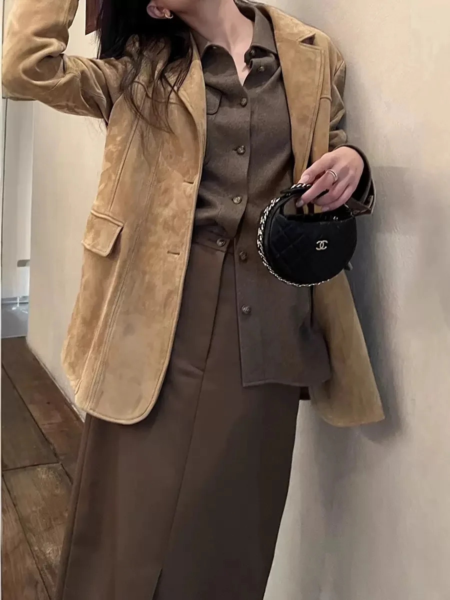 2025 herbst Winter Retro Kid Wildleder Leder Anzug Mantel Frauen Echte Kuh Wildleder Jacke Vintage Kaffee Übergroßen Jacke Outwear