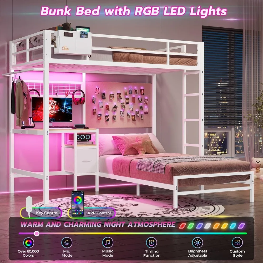 Twin Size Bunk Bed with Desk and Charging Station Metal Loft Bed with Led Lights & Storage Shelves and Drawers L-Shaped