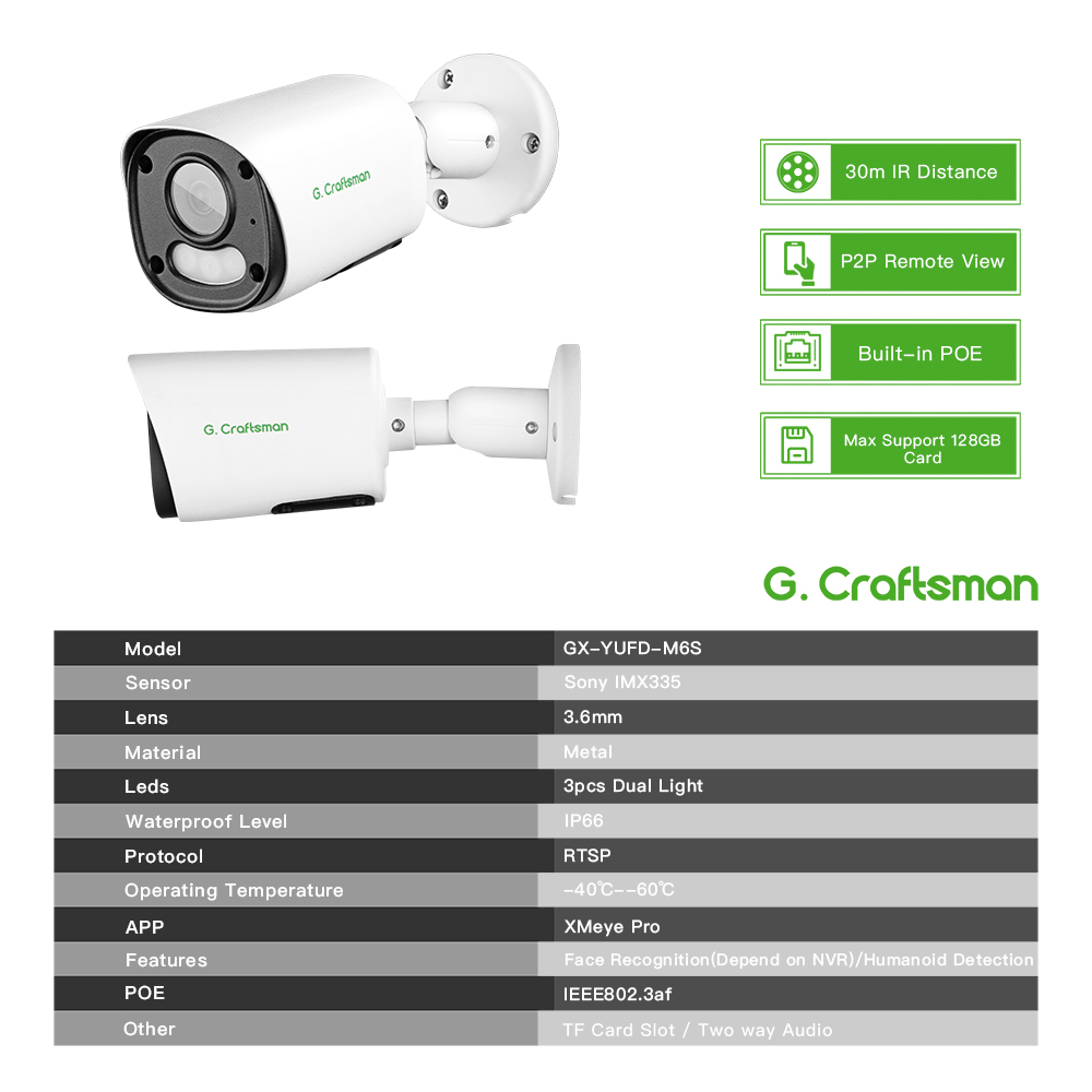 G.Craftsman 6MP POE 3.6mm Lens Dual Light Surveillance Security XMEYE