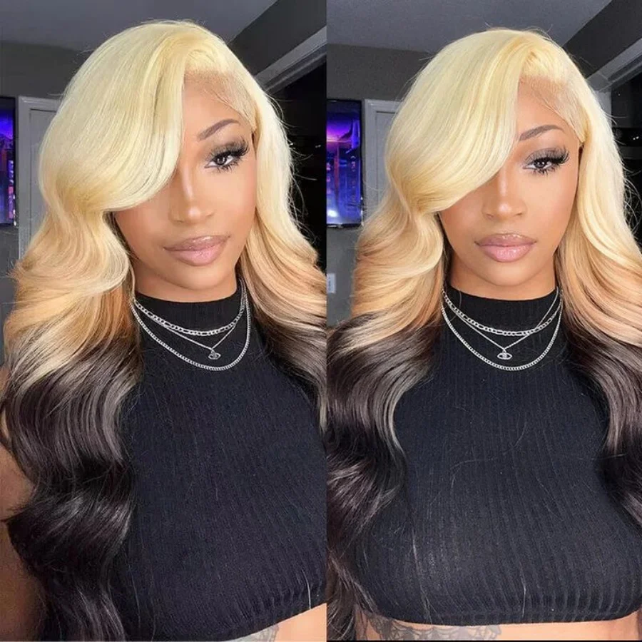 OmBre-pelucas de encaje Rubio resaltado para mujer, pelucas frontales de encaje sintético, cuerpo ondulado 13X4, línea de cabello prearrancada con peluca de pelo de bebé