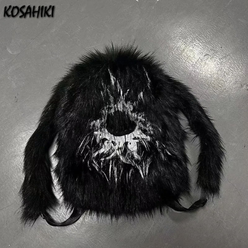 Vintage Print Fluffy Backpack Personality Y2k Aesthetic Fashion Schoolbags Women Casual Harajuku Streetwear All Match Backpacks