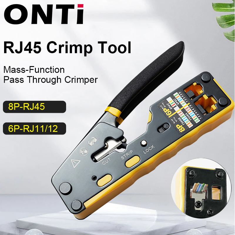 Conector ONTi RJ45 Cat7/6/6A/5E y herramienta de engarzado RJ45, engarzadora de paso para 8P8C con pelador de cables de hoja de repuesto