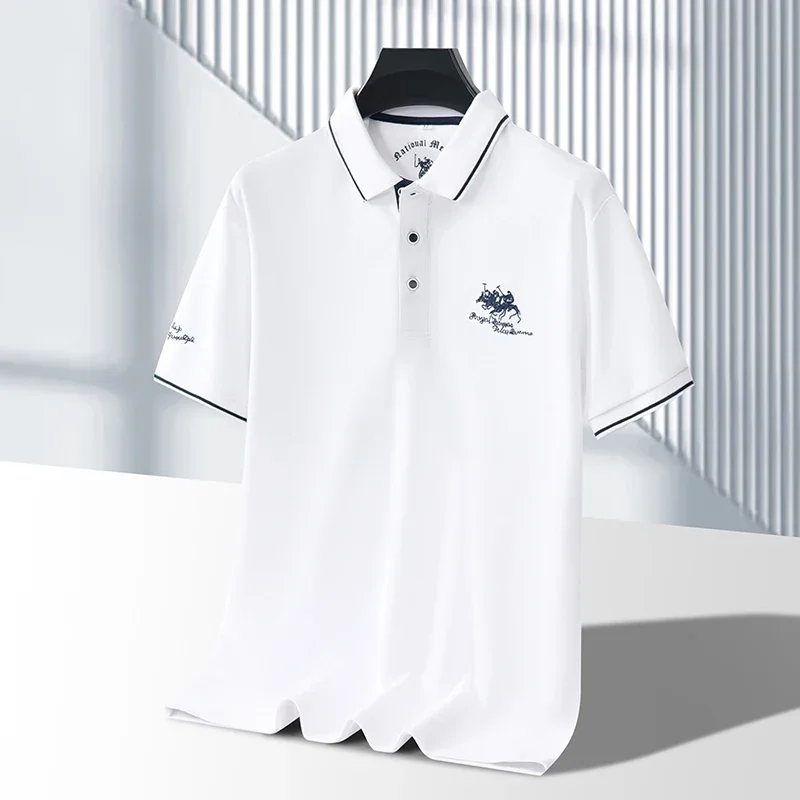 Polo da uomo in tinta unita ricamata a maniche corte casual da lavoro, alla moda, traspirante, confortevole, estiva, versatile