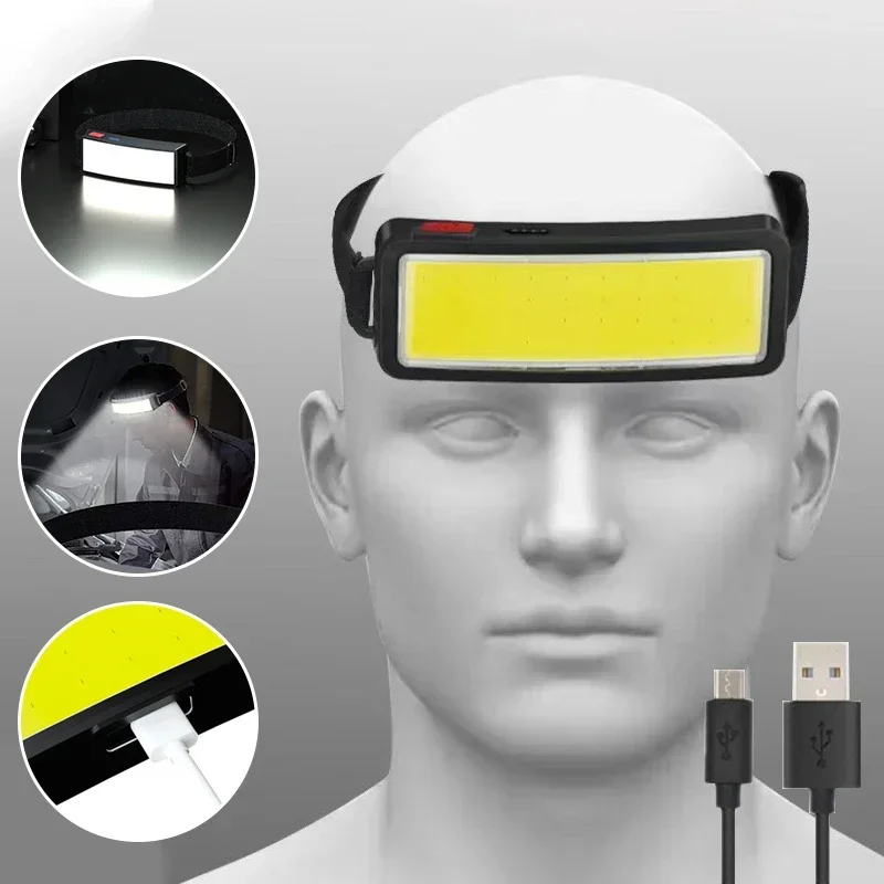 Potente linterna frontal COB tipo c/USB, linterna frontal recargable con batería integrada, linterna para acampar y pescar al aire libre, antorcha impermeable