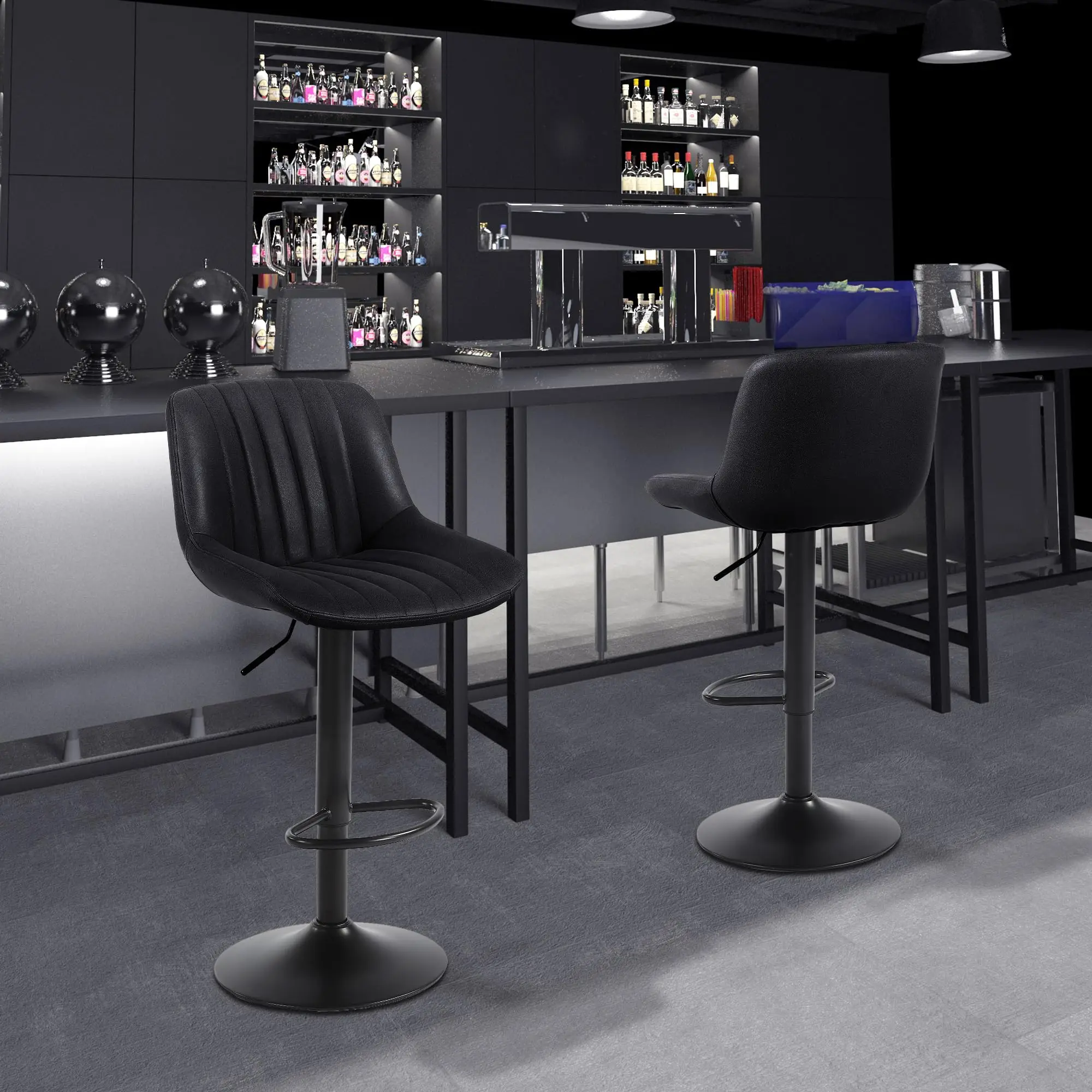 Banco de bar Ralex-chair, bancos de bar giratórios com altura de balcão e encosto, banco de bar ajustável em couro PU, preto