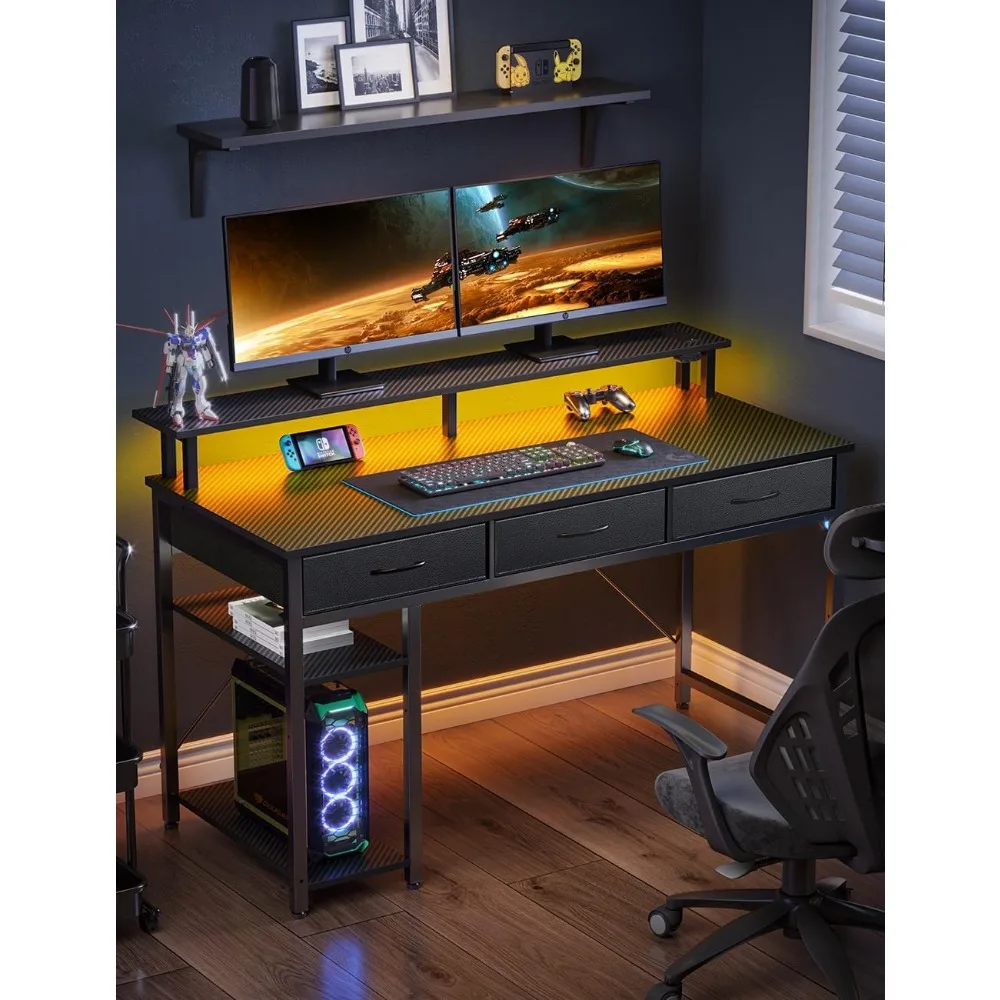 Computer Desk with Power Outlets & LED Light, 39 inch Home Office Desk with 3 Drawers and Storage Shelves, Writing Desk