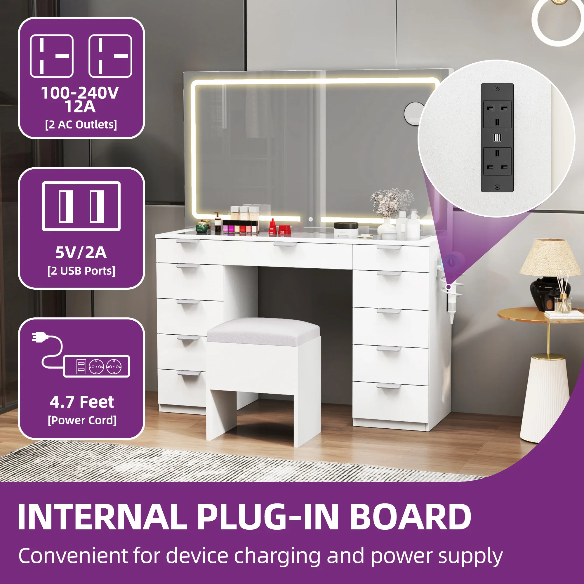 YITAHOME White Vanity Table - LED Light Dressing Desk with 11 Drawers, Glass Top & Mirror, Includes Stool