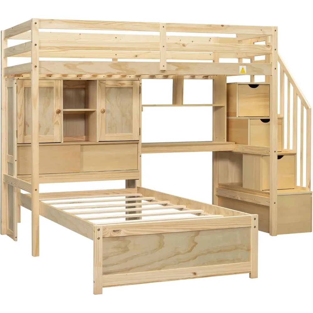 Twin Loft Bed.Twin Over Twin Bunk Beds with Stairs & Desk, Solid Wood Loft Bunk Bed with Storage Stairs Shelves and Drawers,