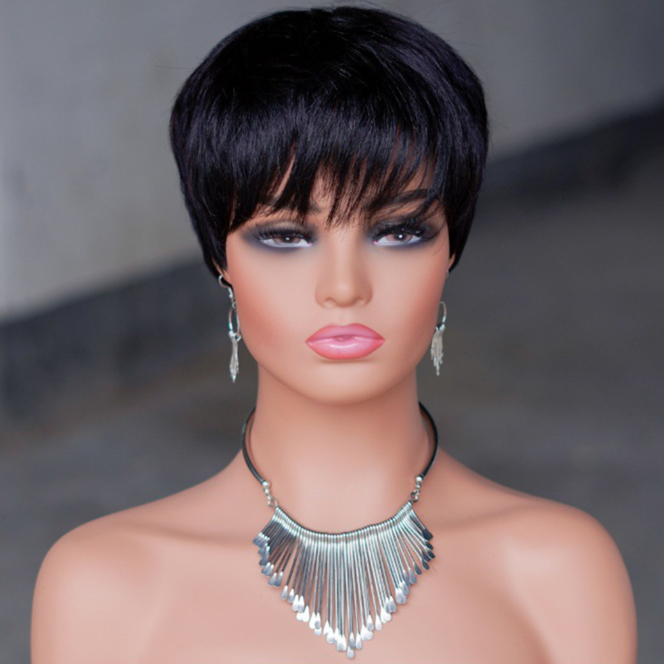 Short Human Hair Wigs Pixie Cut Straight perruque bresillienne for Black Women Machine Made Wigs With Bangs Cheap No Lace Wig