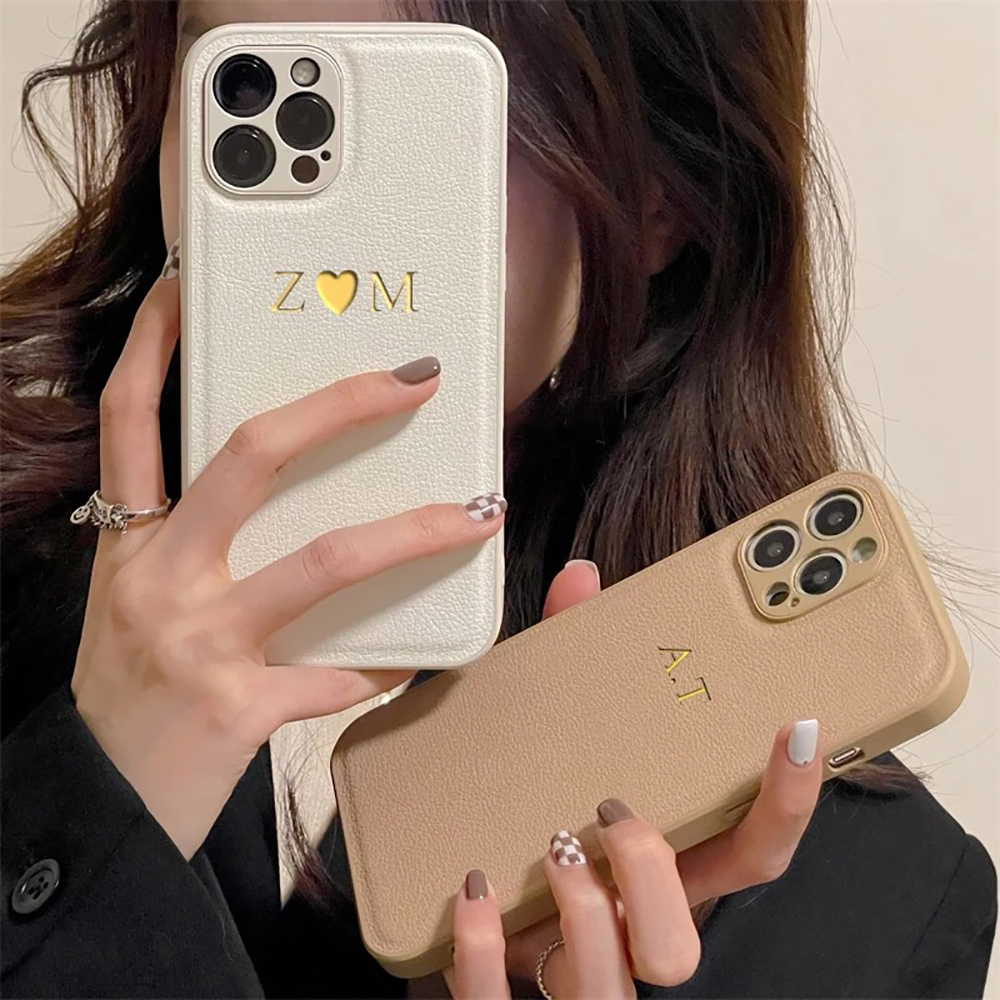 Funda personalizada de lujo para iPhone 16 15 14 13 12 11 Pro Max nombre personalizado iniciales letra Funda de cuero 7 8 plus XR XS max