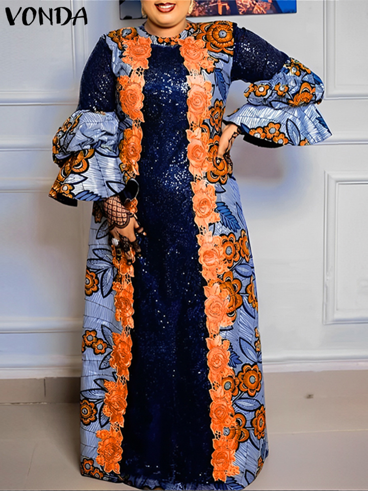 Vonda-ボヘミアンフレア長袖マキシドレス,カジュアルドレス,ルーズプリント,ラウンドネック,フリル,ラージサイズ