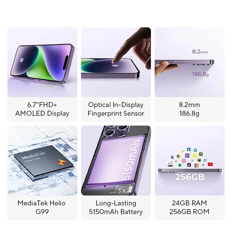 OUKITEL P1 สมาร์ทโฟน Global Version 6.7 ''120Hz จอแสดงผล AMOLED 8GB 256GB MTK Helio G99 50MP กล้องหลัก 5150mAh NFC โทรศัพท์มือถือ