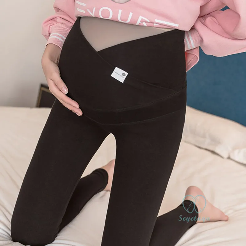 Mallas de maternidad de algodón para mujeres embarazadas, pantalones ajustados informales de cintura baja, # Across V, Otoño, 801
