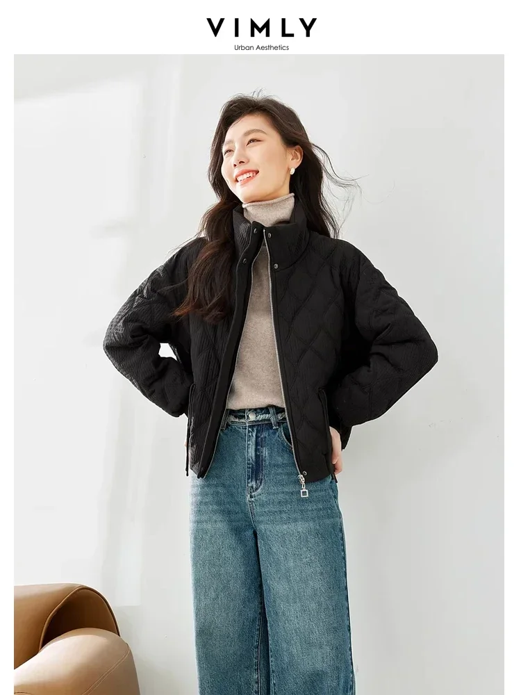 Vimly Cropped Argyleเสื้อแจ็คเก็ตผู้หญิง 2023 สบายๆตรงหลวมคอซิปหนาฤดูหนาวสําหรับผู้หญิงM3613