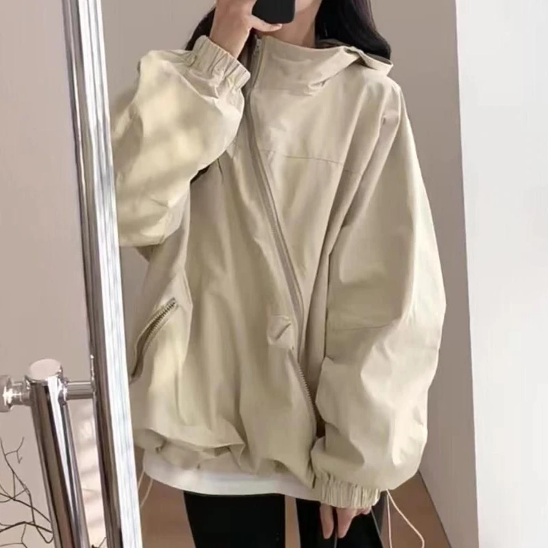 Mulheres jaquetas com capuz diagonal zíper design vintage outono baggy moda bf estilo ao ar livre chaqueta mujer lazer all-match senhora