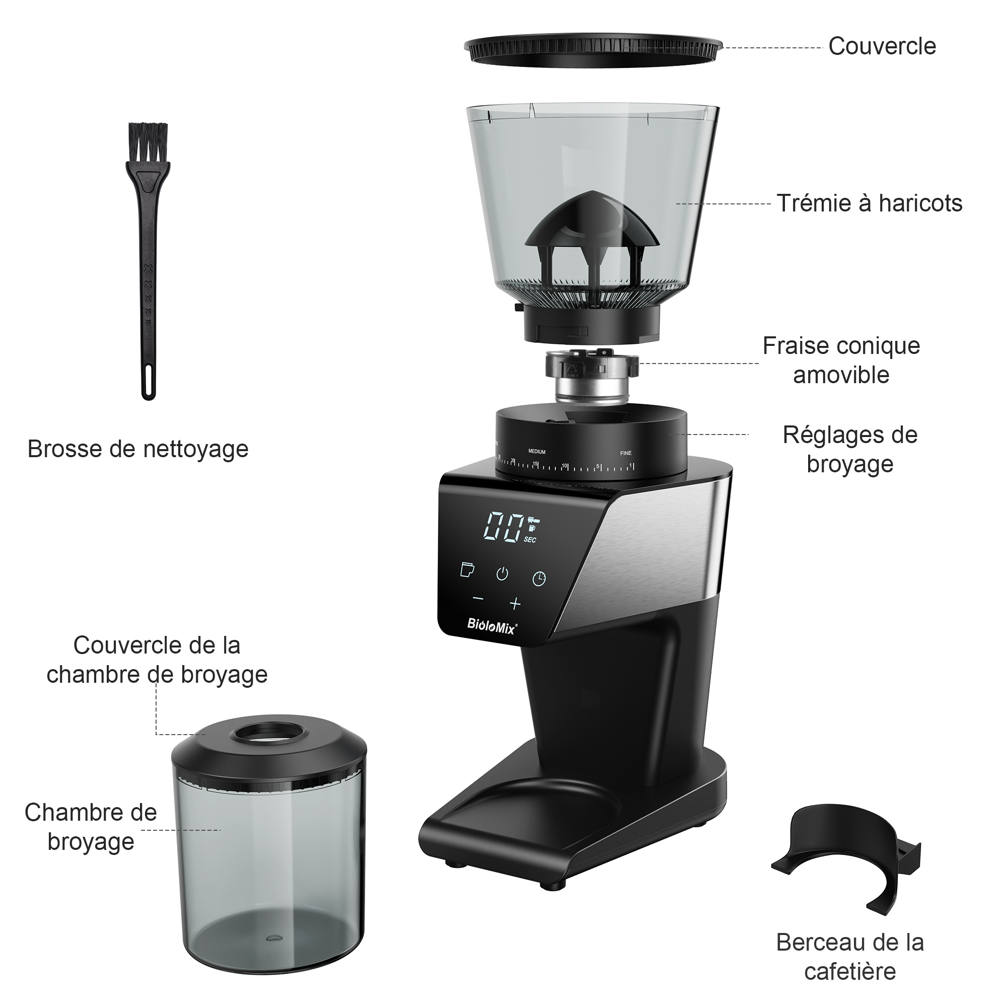 BioloMix-Moulin à café électrique automatique, broyeur à bavures, 30 vitesses pour expresso, café américain, verser sur le stockage visuel des haricots