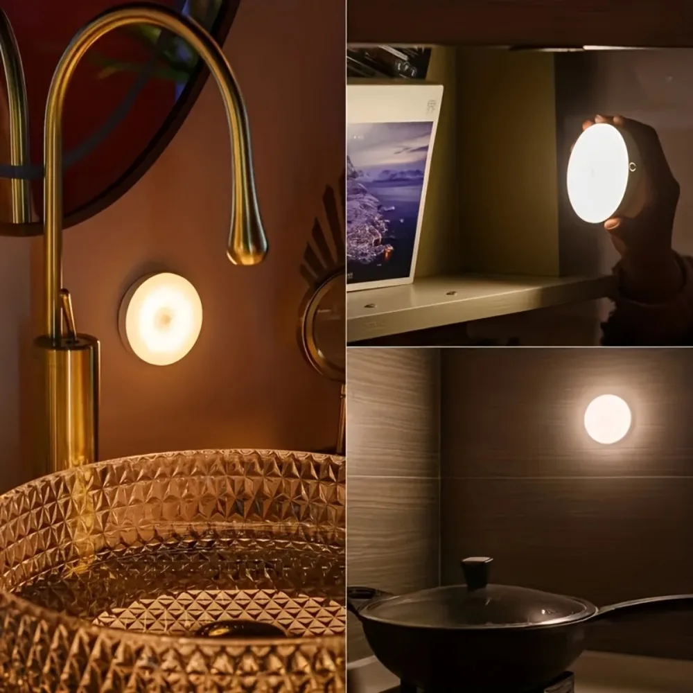 Juego de 3 luces con sensor de movimiento, 8 luces redondas LED USB, dos colores disponibles, brillo ajustable, adecuadas para inodoros, luces nocturnas