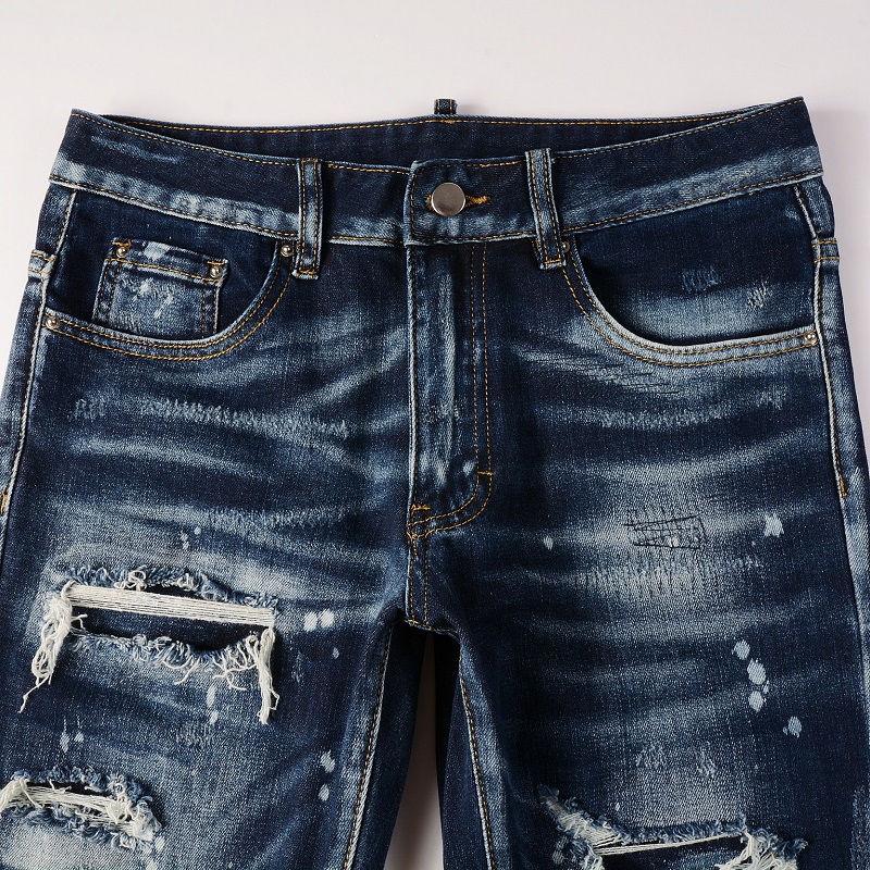 Männer Löcher Patchwork Denim Jeans Streetwear Dunkelblau Stretch Hosen Bemalte Dünne Konische Hosen