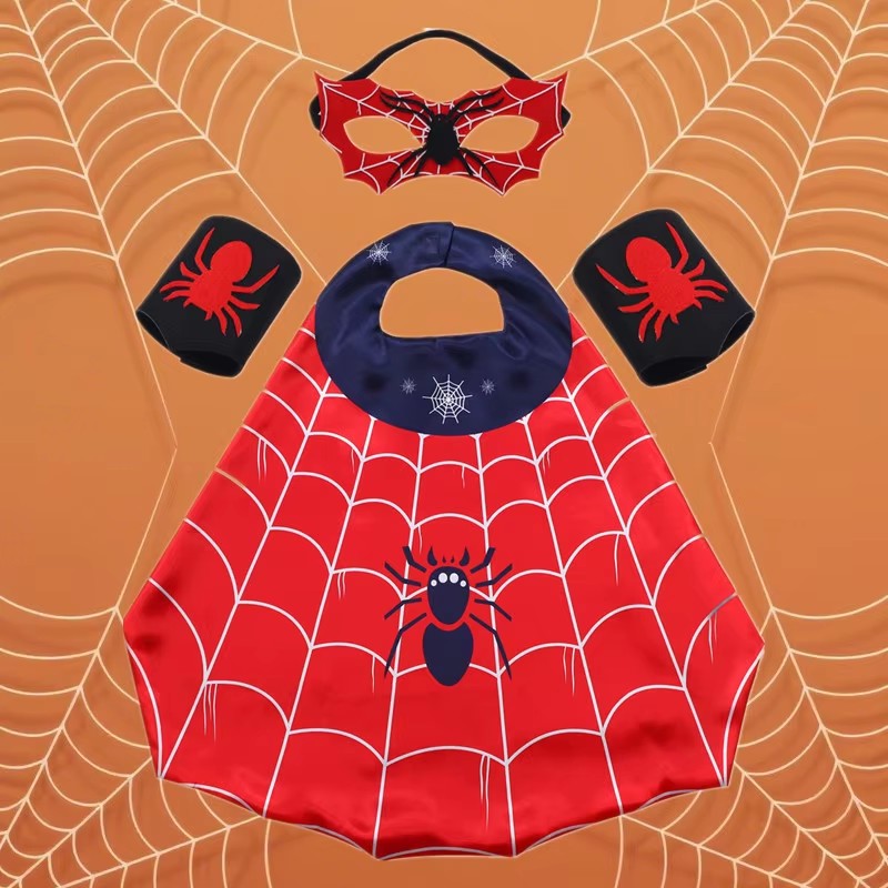 ZSQHET Set di costumi da supereroe dei cartoni animati per ragazzi e ragazze, abito di Halloween, mantello e maschera di ragno con costume cosplay da polso