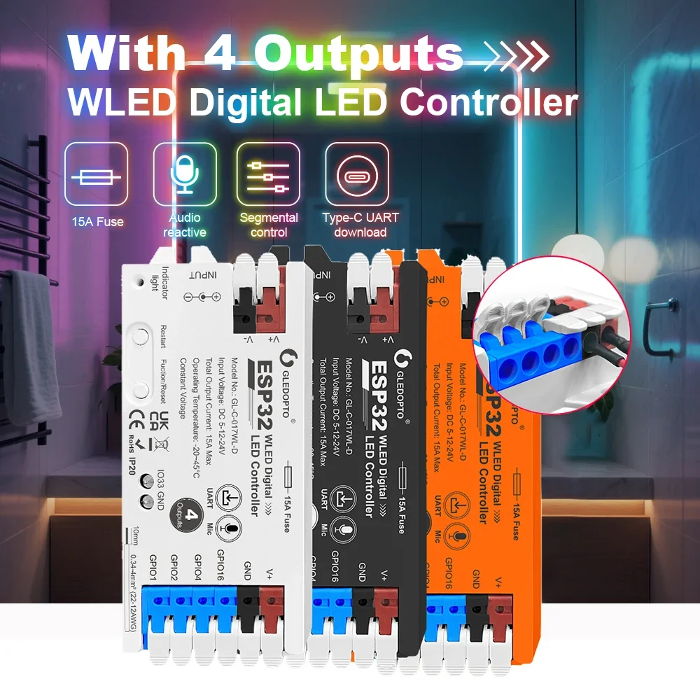 ESP32 WLED Controller 017WL-D 4 Canali 15A Fusibile Livello Shifter UART Scarica Modalità Luce Dinamica FAI DA TE APP Controllo Vocale GLEDOPTO