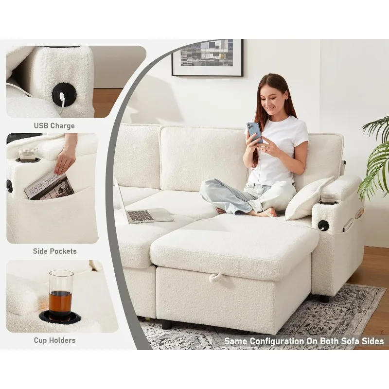 DURASPACE Sofa Bed Sleeper Pull Out 2 in 1 Sectional Sleeper Sofa Couches with Storage,USB, Cup Holder,Pullout Sectional Couches