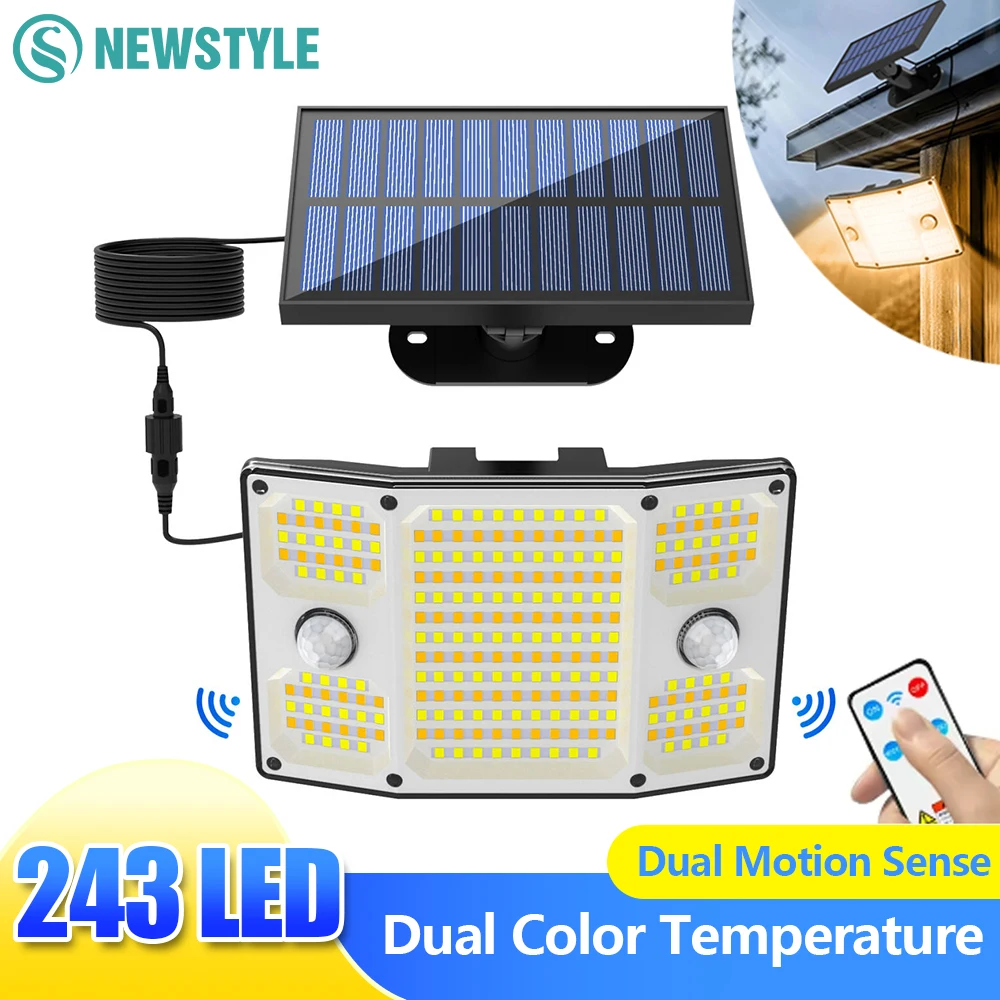 Zewnętrzne lampy solarne LED 254/243, ogrodowe lampy solarne z czujnikiem ruchu, 3 tryby, wodoodporne, do ogrodu, szopy, podwórka.