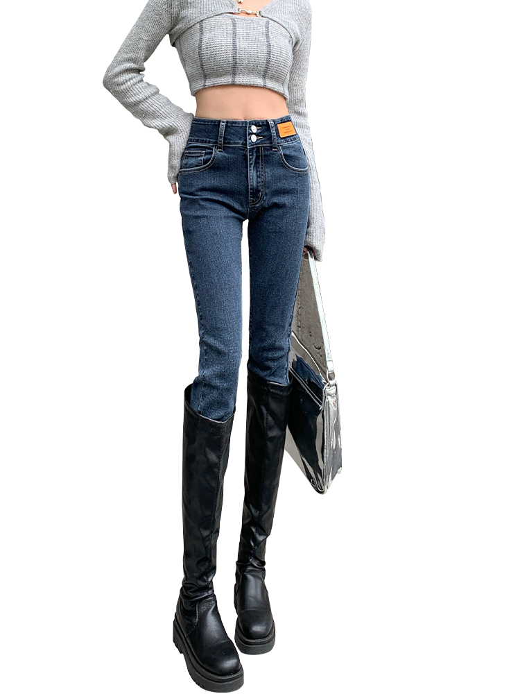 ハイウエスト黒スリムフィットデニムジーンズ女性の春のファッション 2023 弾性痩身大きいサイズレディースペンシルパンツ